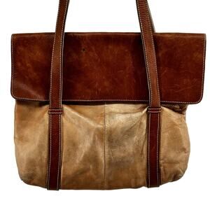 Vintage Delfino Tote Shoulder Bag Leather Double Strap Flap Magnet Closure Brown